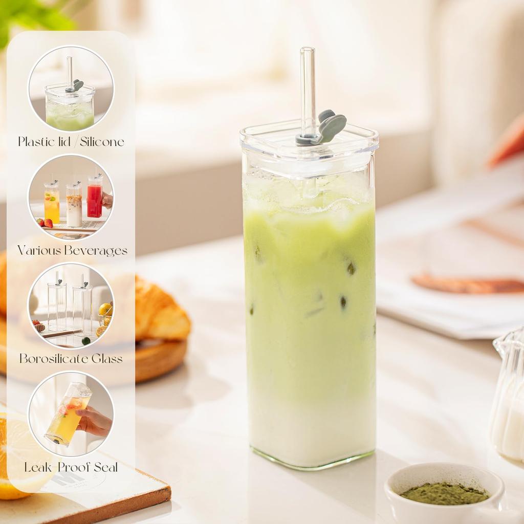 Square Glass Cups with Lids and Straws, Water Glasses Coffee Mug,Lids/Straws Included for Cocktail, Coffee, Juice, Beer