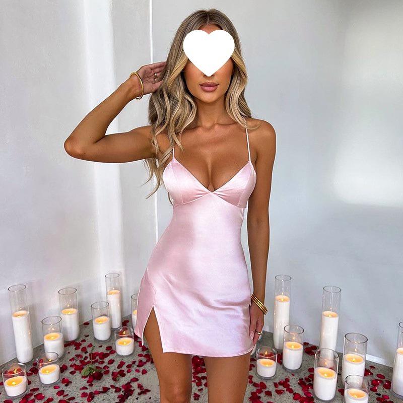 

2025 Summer V-Neck Lace-Up Spaghetti Strap Bodycon Dress L рожевий