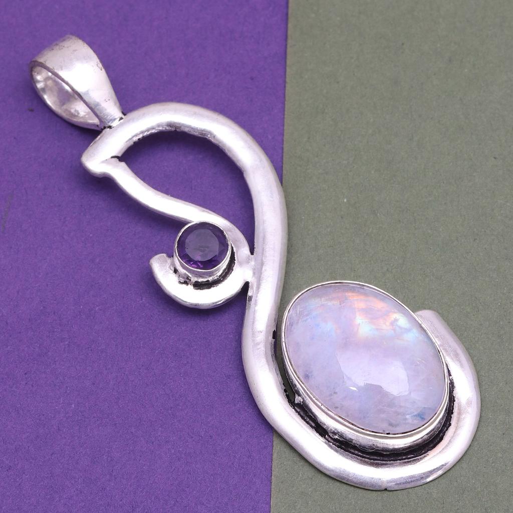 Silver Necklace Moonstone  Gifted Rainbow Jewelry Pendant Gemstone 18"