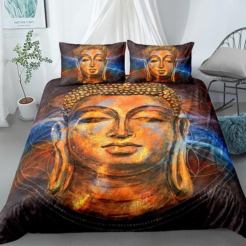 Mandala Buddha Duvet Cover Set King Size Exotic Ethnic Bohemian Bedding Set Golden Black Lotus Flowers Gorgeous Comforter Cover