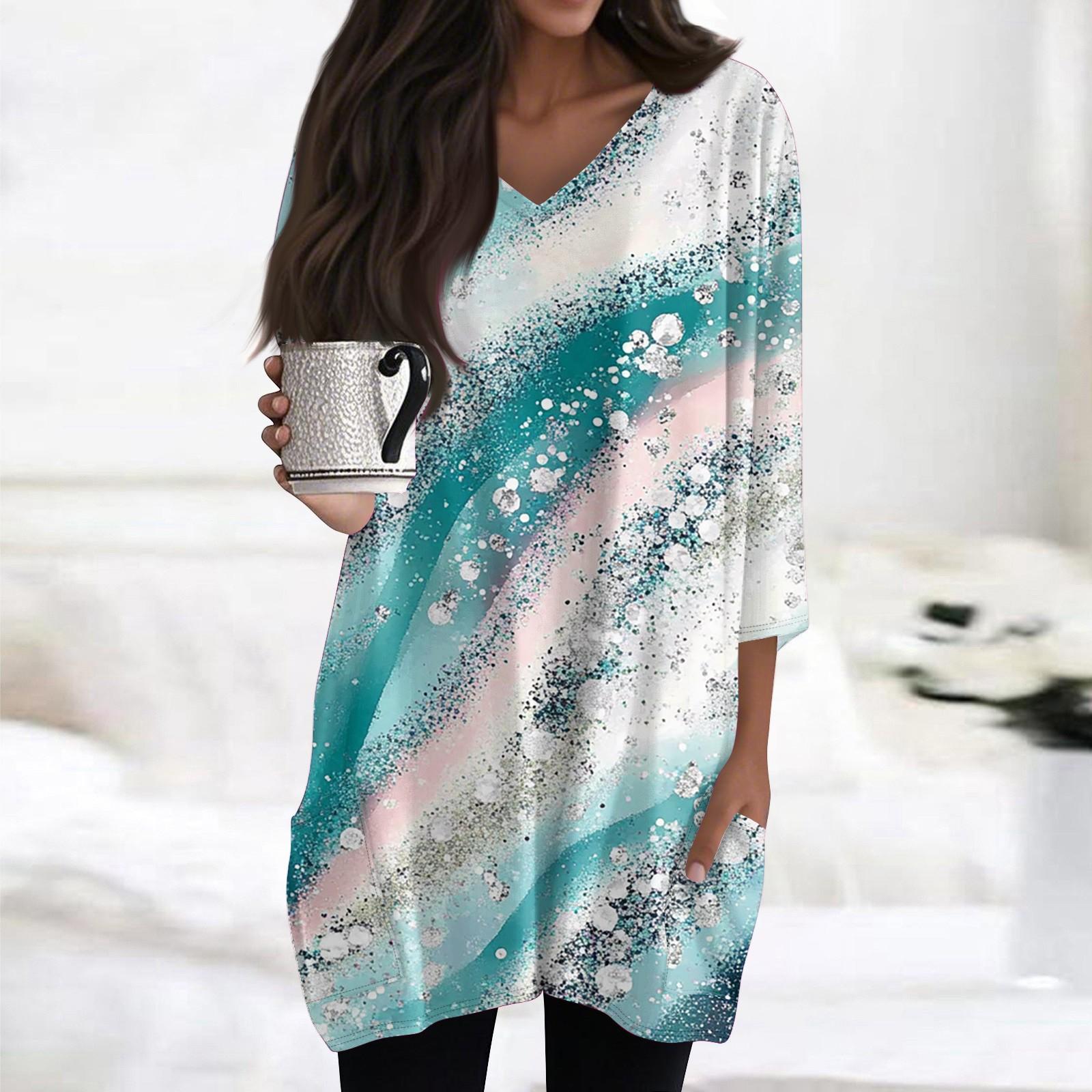 

Женские повседневные рубашки с рукавами 3/4, модные туники с принтом, топы с карманами L синий