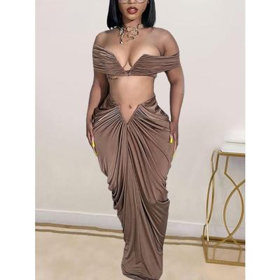 Stacked Ruched Two Piece Set Women Sexy Wrap Chest Tops and Low Waist Maxi Skirt Matching Evening Party Club Outfits