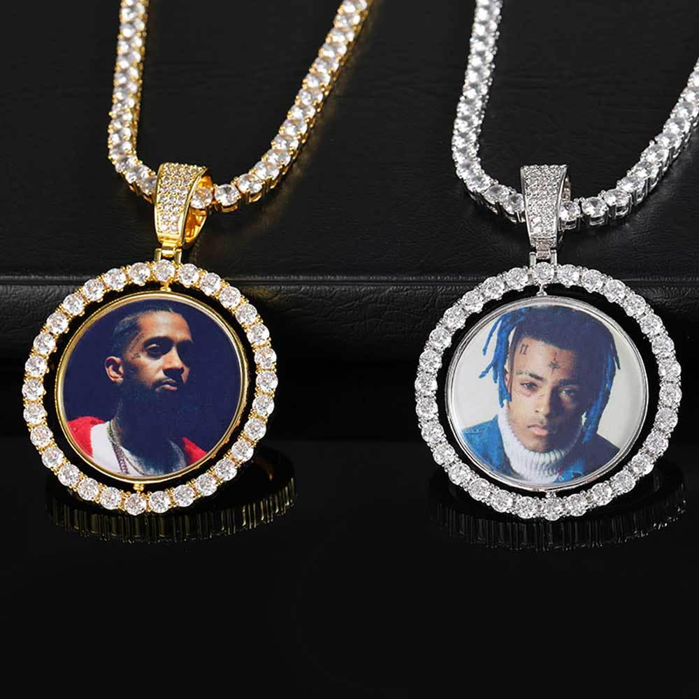 Rotatable Double-Sided Zircon Photo Pendant Necklace