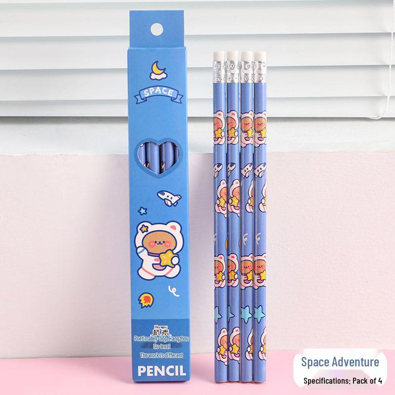 Cartoon Astronaut Pencil Set with Erasers - 4-Piece Kids' Drawing and Writing Stationery
