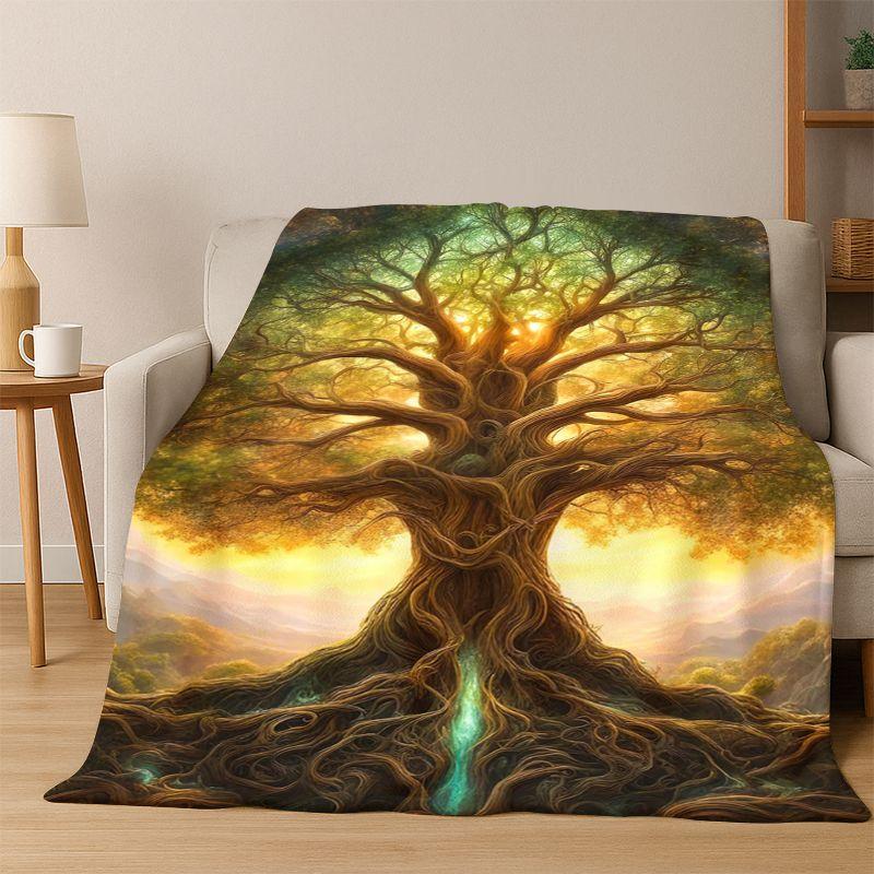 Tree of Life Nordic Mythology Yggdrasil Nature Cartoon Flannel Blanket Soft Throw Blanket for Bedroom Living Room Bed Travel Kid