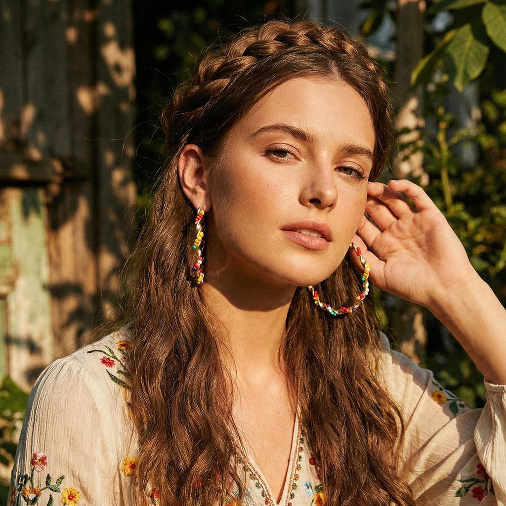 2025 New European and American Exaggerated Large Circle Earrings Trendy Ins Bohemian Round Rice Bead Ear Jewelry