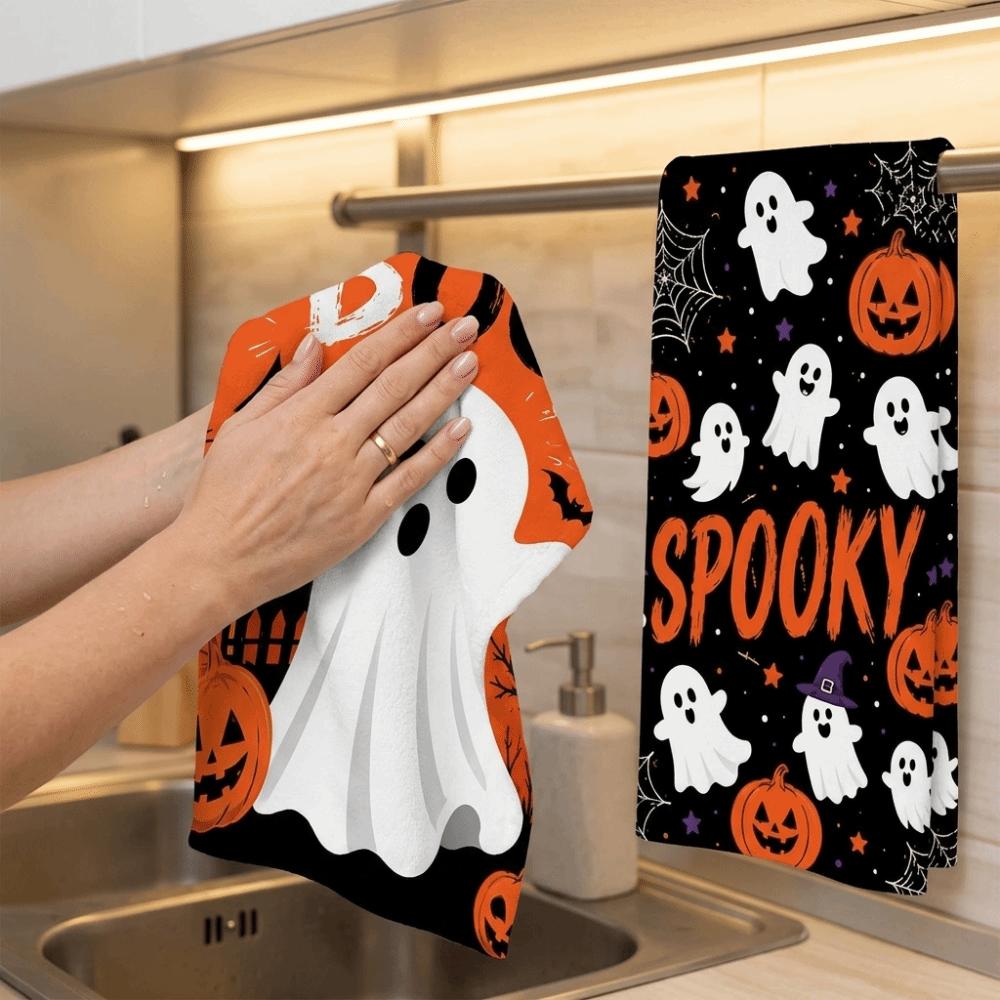 2PCS Ghost Pumpkin Pattern Halloween Kitchen Towel Ultra-Fine Fiber Dish Towel Bathroom