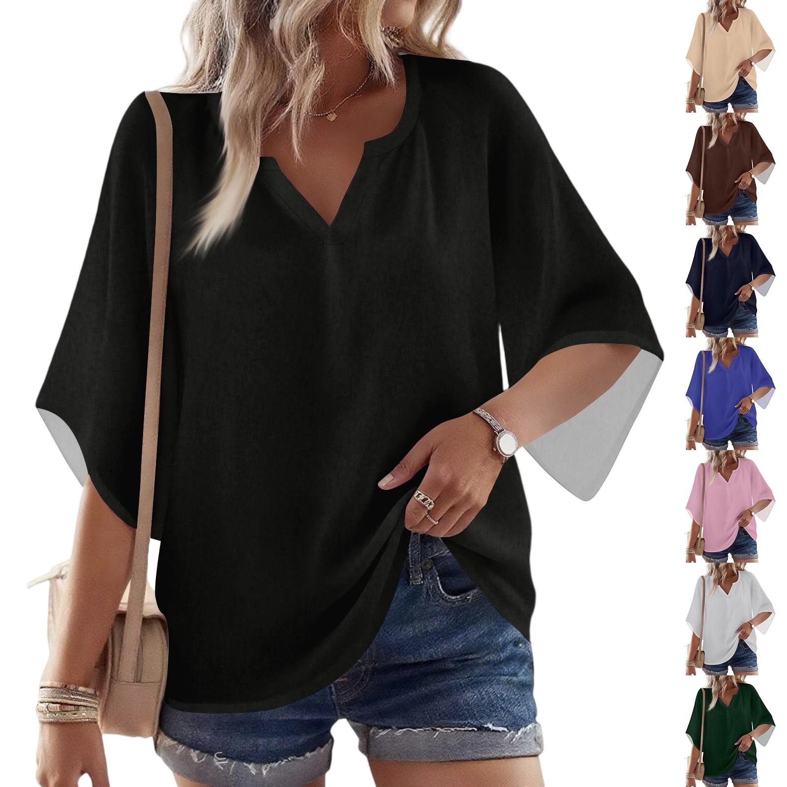 

Women s 3/4 Sleeve V Solid Shirt Casual Loose Tunic Top M фіолетовий