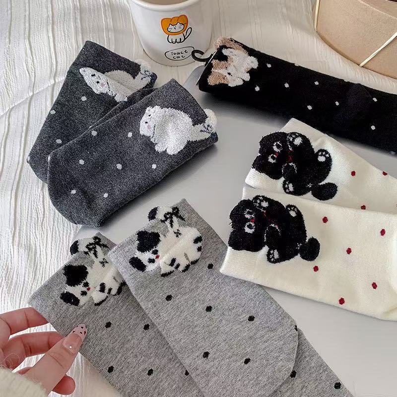 Cartoon Kitten Plush Mid-calf Socks, Girls' Pile Socks, College-style Cotton Socks, Cute Outfit Polka Dot Cat Socks