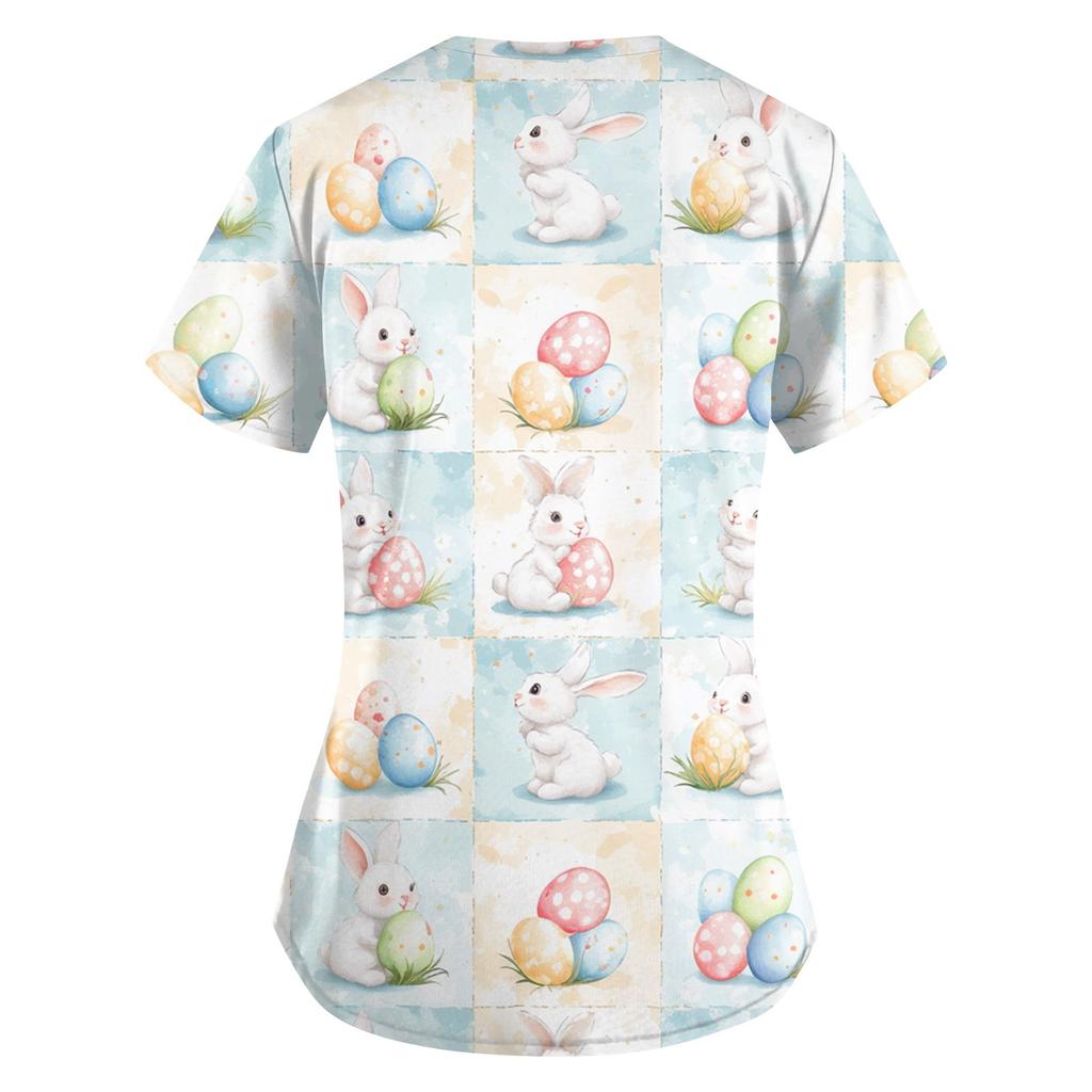 Women's Fashion V-Neck Short Sleeve Overalls With Pockets Easter Print Tops  Clothes