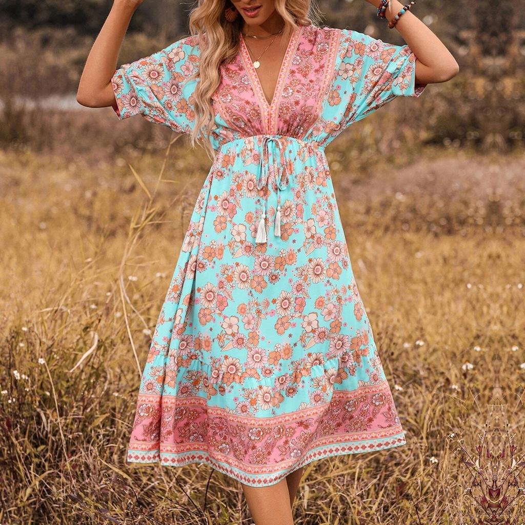 Women's Fashionable V Neck Floral Print 3/4 Sleeved Bohemian Vacation Beach Dress