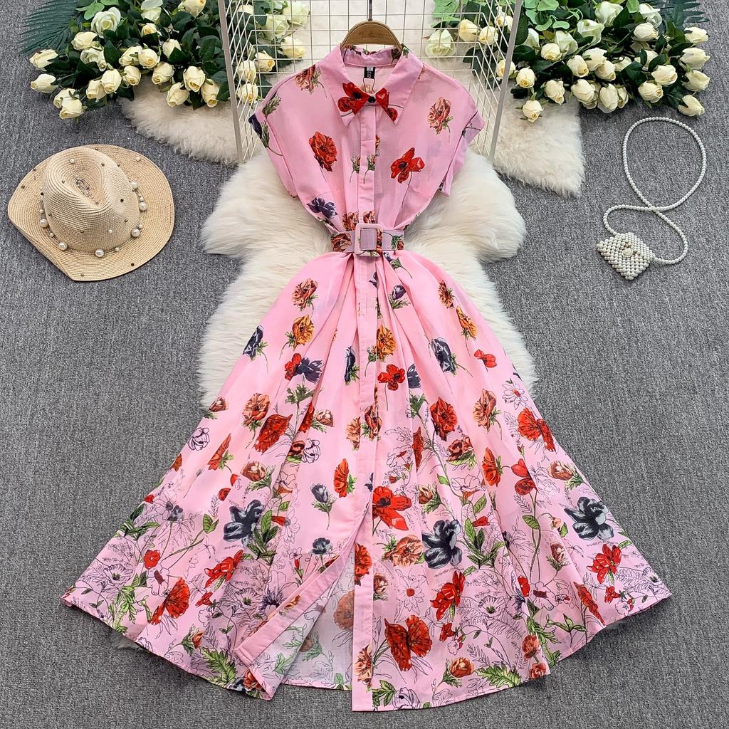 Summer Women Elegant Turn-down Collar Designer Print Long Midi Runway Party Shirt Dresses With Belt