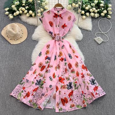 Estate Donna Elegante Colletto Revers Stampa di Design Lungo Midi Sfilata Festa Abiti Camicia Con Cintura