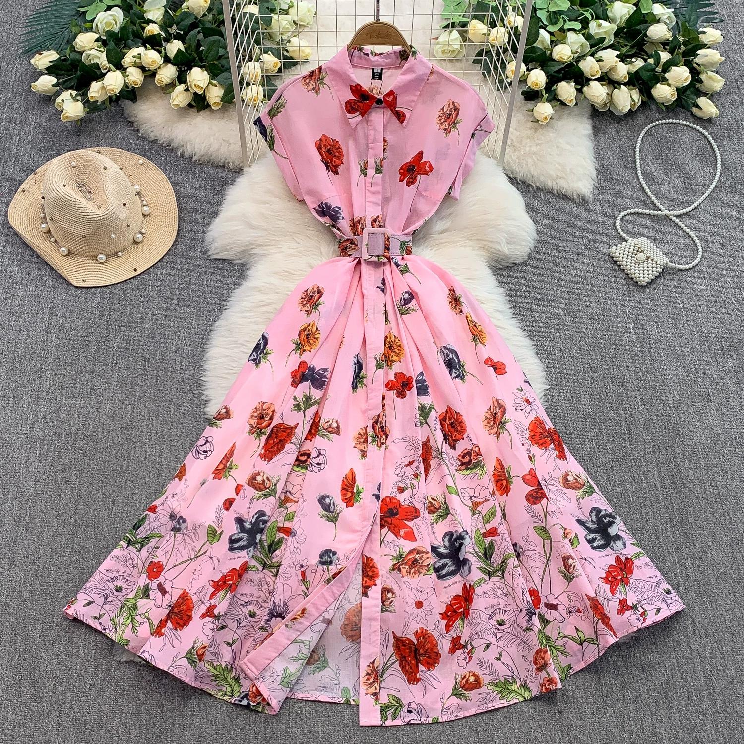 

Летние женские элегантные платья-миди с длинным рукавом и отложным воротником, дизайнерским принтом, подиумные, для вечеринок, рубашечного кроя, с поясом L розовый