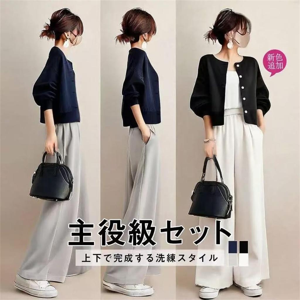 [YUANYUAN] Women's 2-Piece Set: Short Jacket & Wide Pants, Pantsuit, Summer Outfit, Round Neck, Long Sleeves, Single Button, Casual, Relaxed Fit, Figu