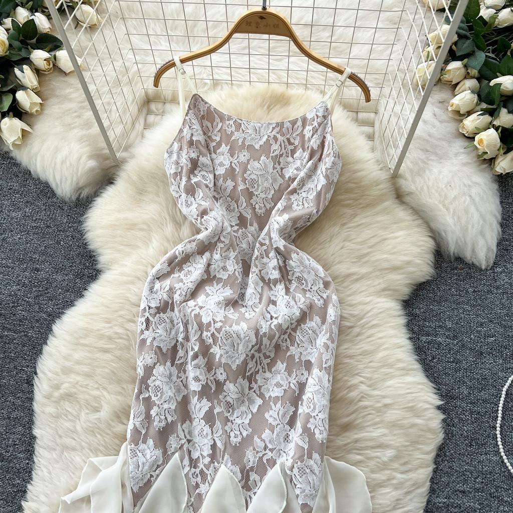 Summer Women Elegant Spaghetti Strap Open Back Lace Long Maxi Party Fishtail Dresses