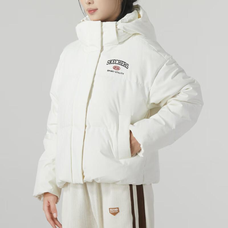 Skechers Letter Print Casual Loose Hooded Down Jacket Women Outerwear White L423W037-0074