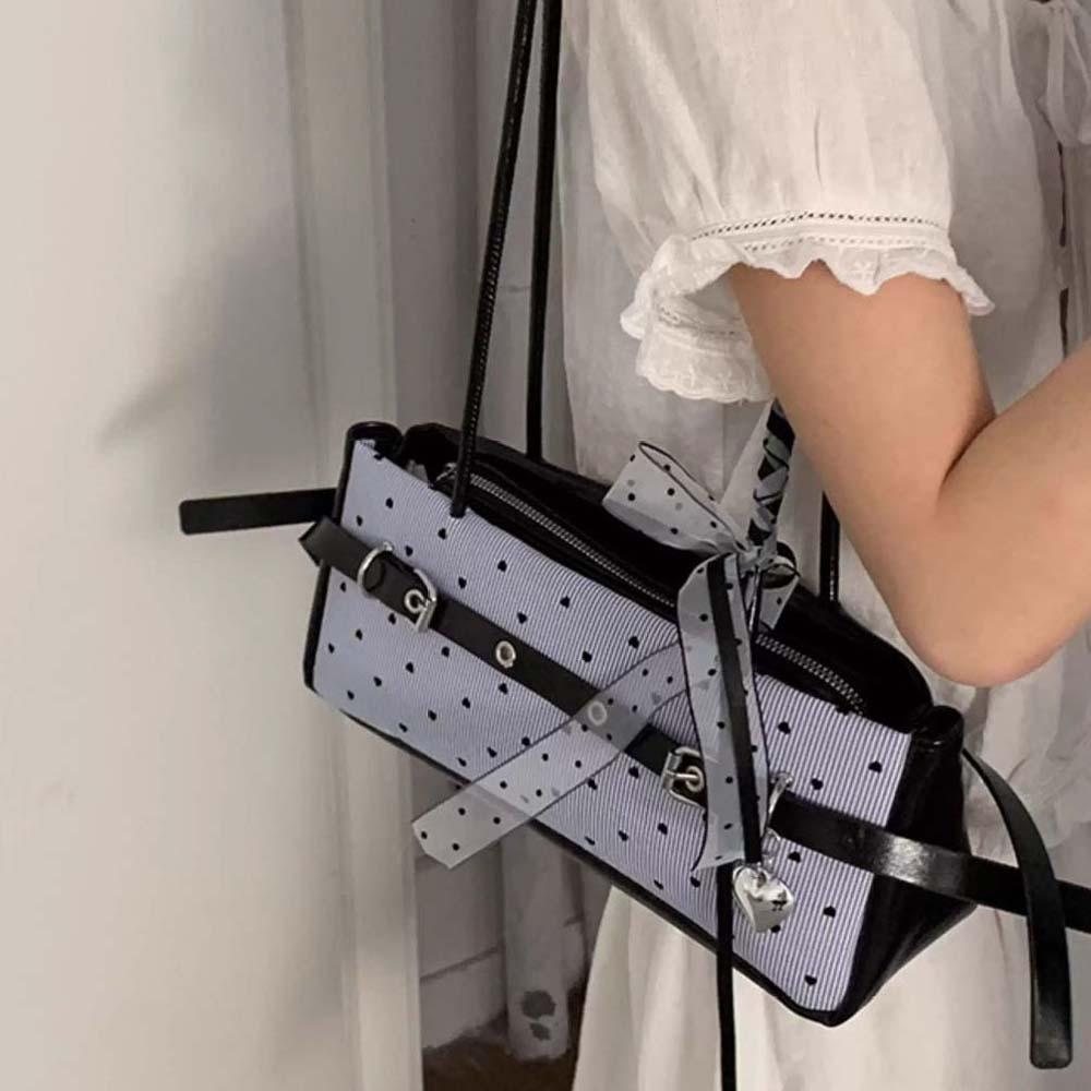 Sweet Blue Shoulder Bag Canvas Stripe Heart Underarm Bags All-match French Stick Handbag  School