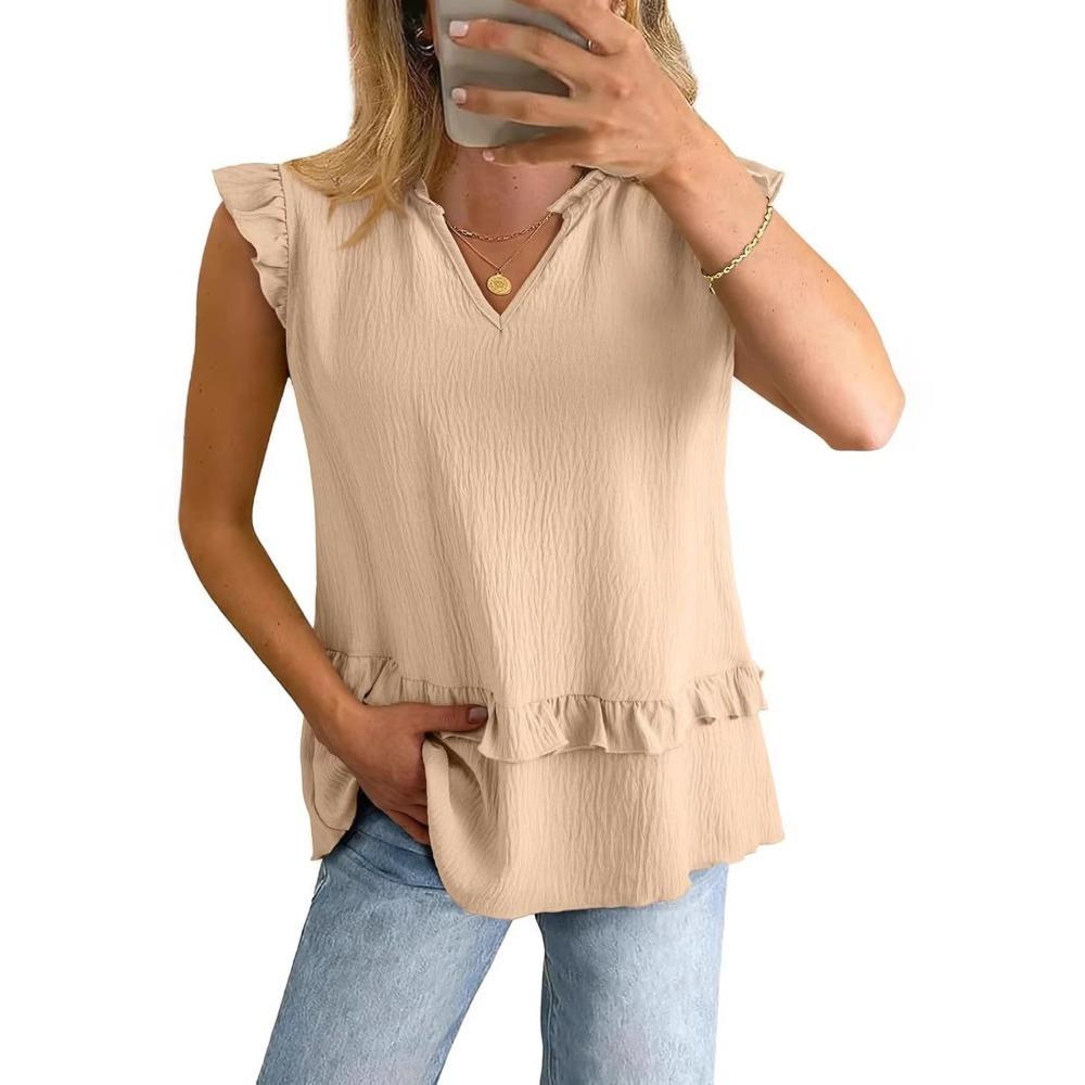 women's Ruffle V Neck Sleeveless Blouse Casual Loose Fit Summer Tunic Tops