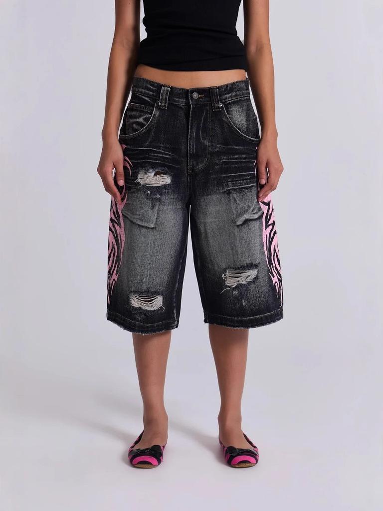 Jeans Unisex a Vita Alta Gamba Larga Vestibilità Larga Denim Non Elasticizzato Pantaloni Rosa Stampa Tribale Lavato Usurato Streetwear