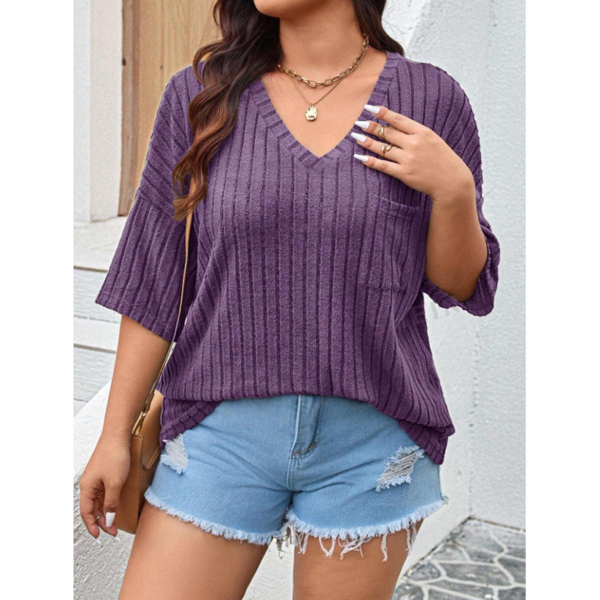 

Spring Summer Women s Casual Solid V-neck Three-quarter Sleeve T-shirt with Pocket Fashion Women s Tops for European American XL фиолетовый