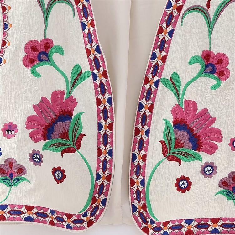 2023 Květinová výšivka Color Block Bez rukávů Otevřená přední strana Vesta - Retro Jarní Dámský Svršek