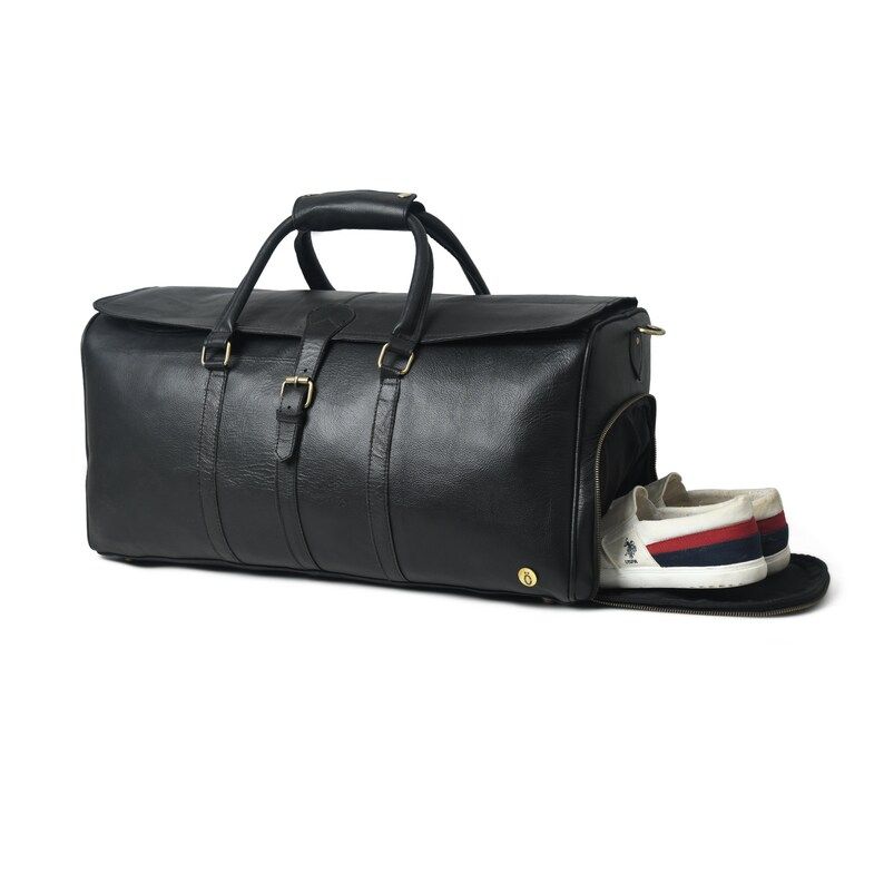 Full Grain Leather Weekender Duffel Bag - Shoe Compartment