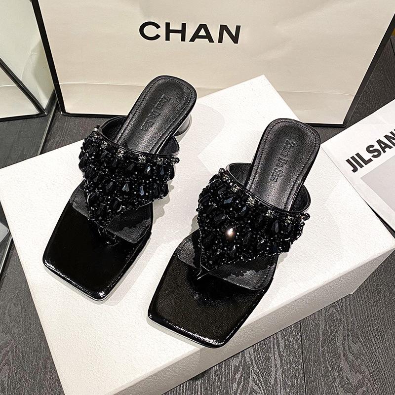 

Fashion Silver/Gold Rhinestone Flipflops Ladies Round High Heel Shoes Clip Toe Sandals Woman Wedge Party Slides Slippers Femme Sandalias 34 чёрный