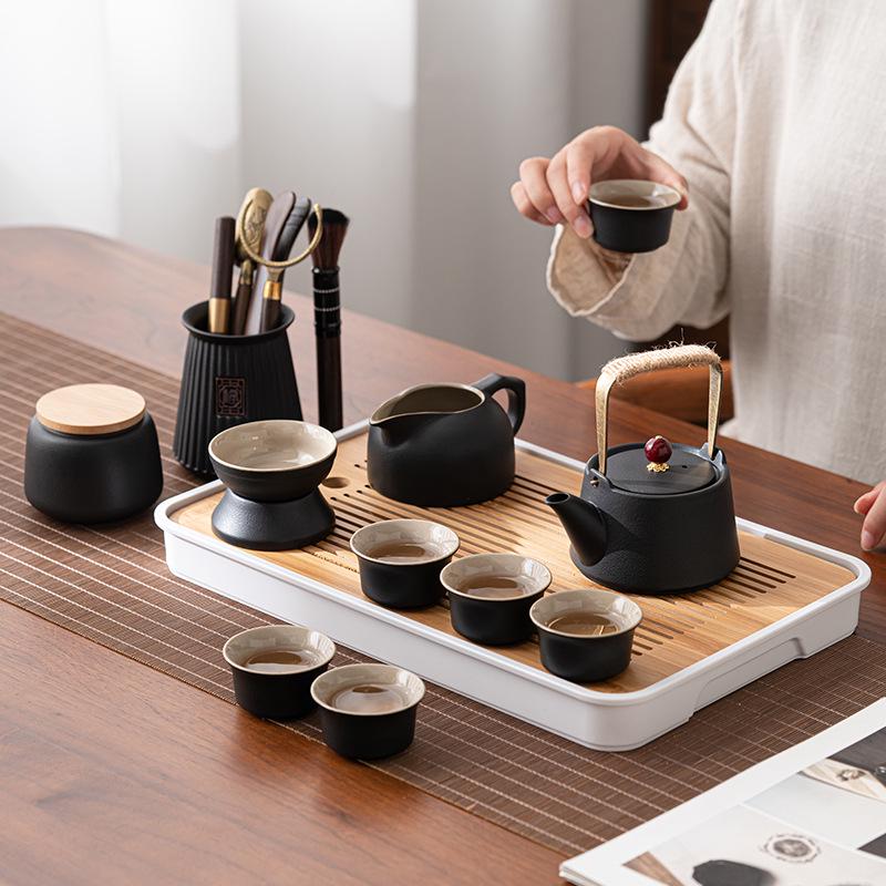 Retro Coarse Pottery Portable Tea Set for Travel & Camping with Storage Bag