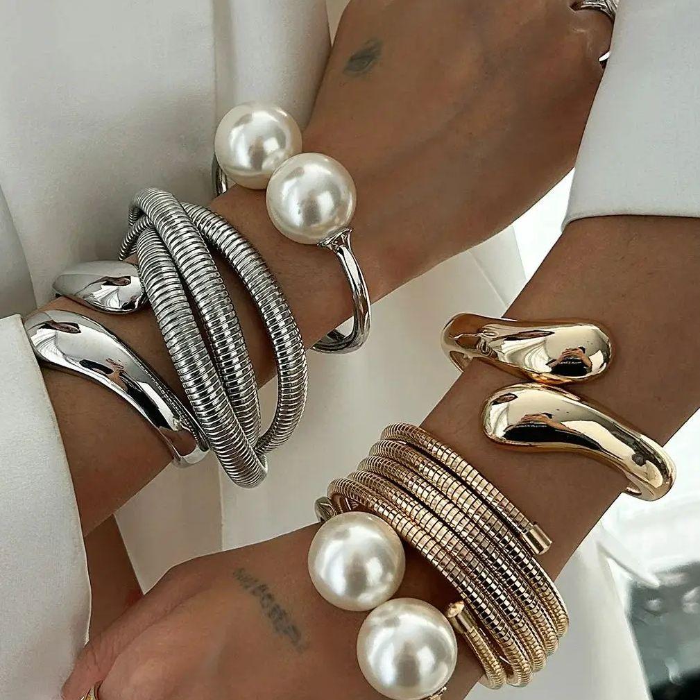 Ins Vintage Big Pearl Wide Cuff Bangles Men Hip Hop Punk Gold Silver Color Geometric Spring Bangles For Women Bracelet Jewelry