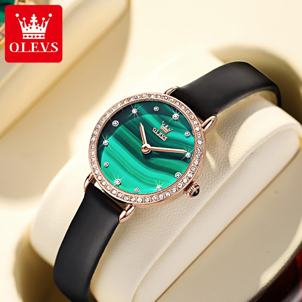 OLEVS 6628 Original Japan Quartz Watch for Women Retro Elegant Diamond Bezel Green Wristwatches Leather Strap Ladies Dress Watch