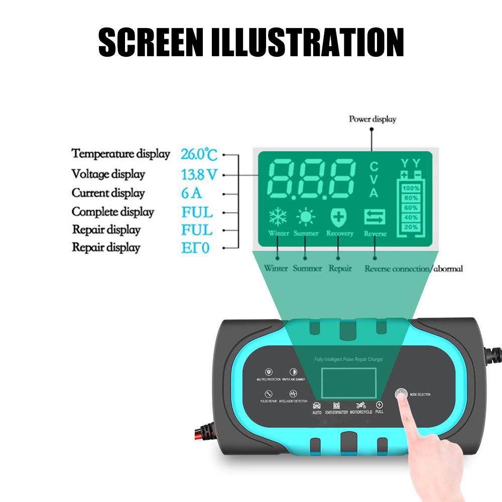 For Motorcycle Wet Dry Lead Acid Battery Digital Display Battery Charger Smart Car Battery Charger 12V 10A Pulse Repair