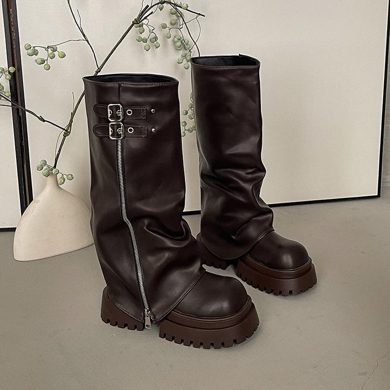 Pant Pants Boots Knight Boots Fashion Autumn New Versatile Folded Belt Buckle Thick-soled Heightening Boots Women