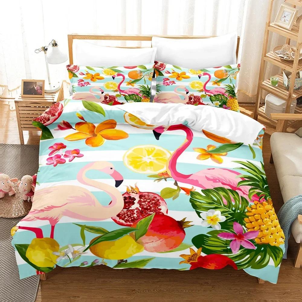 Flamingo Duvet Cover King/Queen Size Green Tropical Leaves Decor Bedding Set Palm Tree Flower Soft 2/3pcs Polyester Quilt Cover