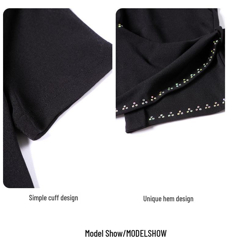 Elegant Rhinestone Mesh Dancewear - Round Neck Black Patchwork Short Sleeve Base Layer