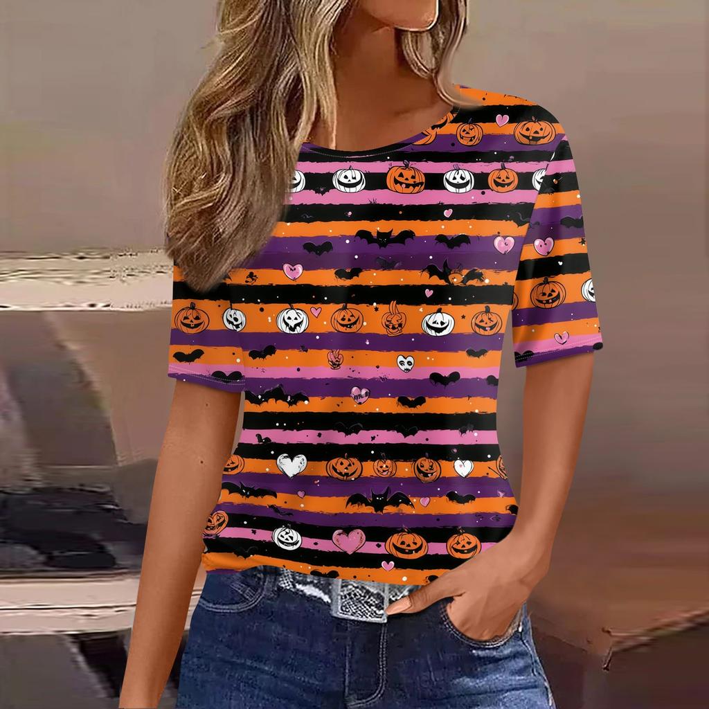Women's Casual Short Sleeve Pullover Top Halloween Bat Pumpkin Print Round Neck Lightweight Shirt for Everyday Wear