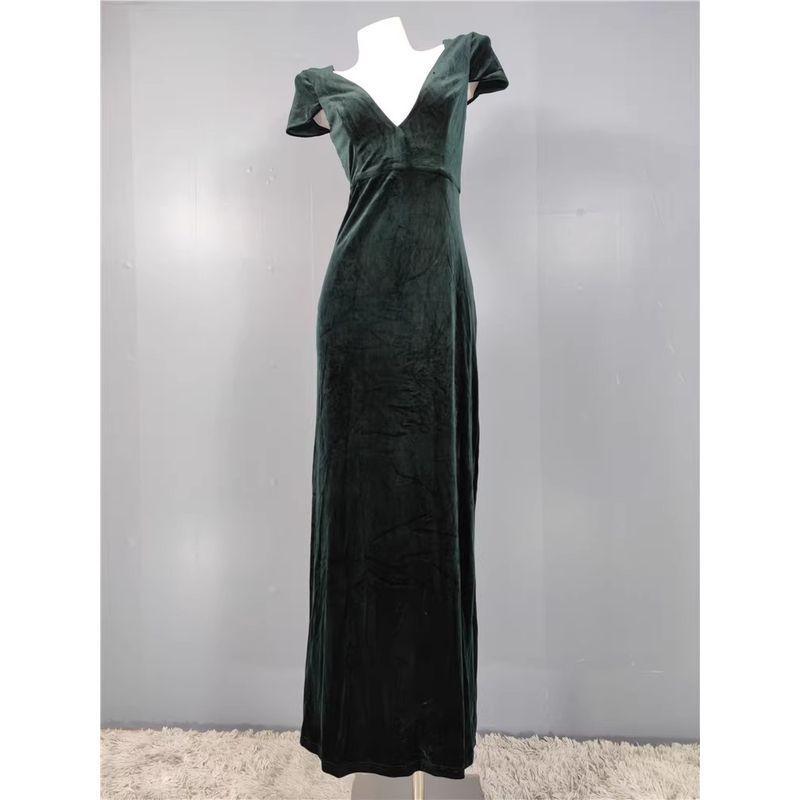 

Export Single Lu Cross-Border Comfortable Velvet Sheath Split Beautiful Deep V Flying Sleeves Fishtail Evening Dress Dress Dark green XS