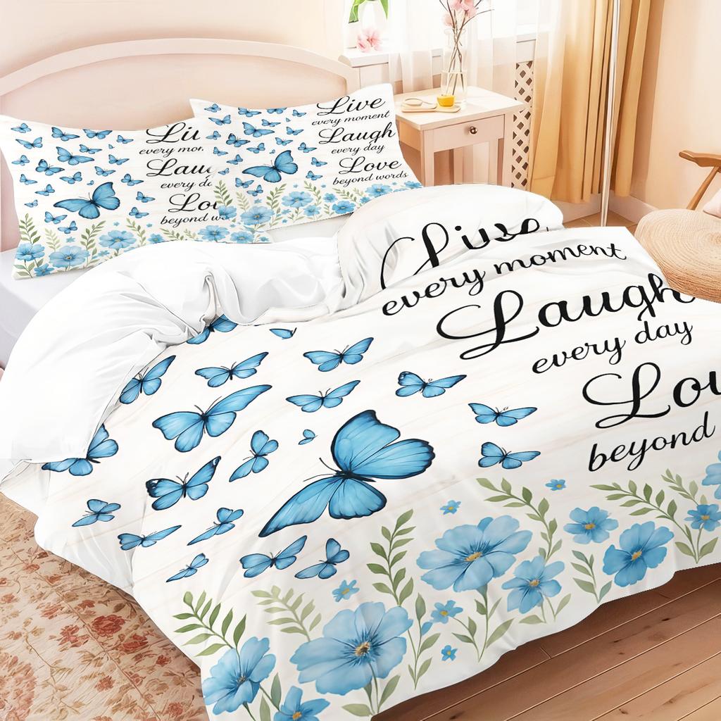 3pcs Blue Butterfly Printed Down Duvet Covers 1 Down Duvet Cover+2 Pillowcases No Core. Soft and Comfortable Bedding Set