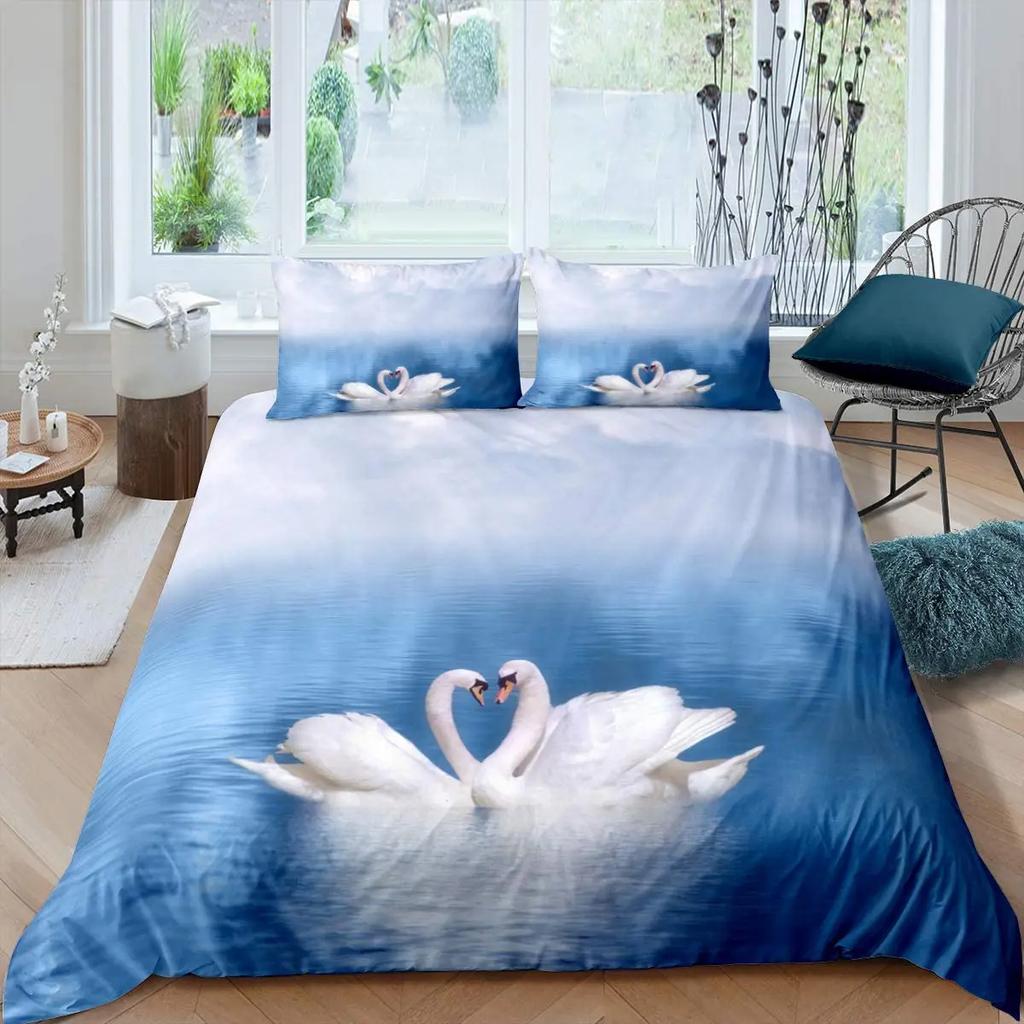 Swan Duvet Cover Black And White Swan Duvet Cover Queen Bird Comforter Cover Microfiber Romantic Flower Wild Animals Quilt Cover