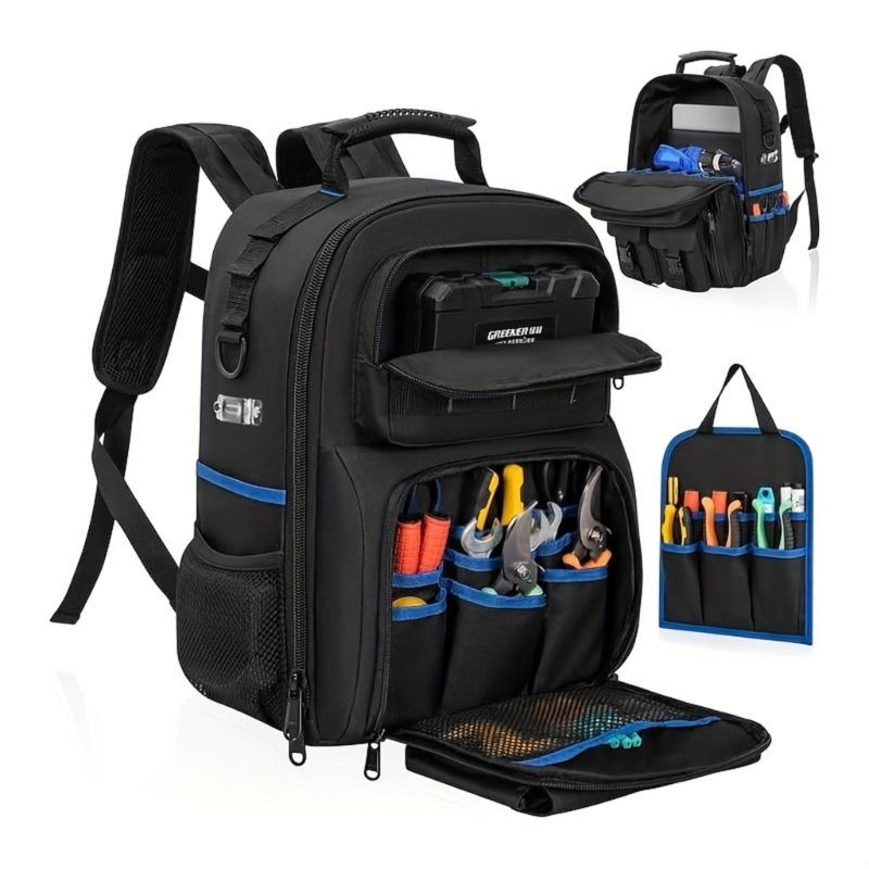 Heavy Duty Tool Backpack Wide Top Opening Multiple Exterior Pockets for Wrenches Screwdrivers Easy Access Organization
