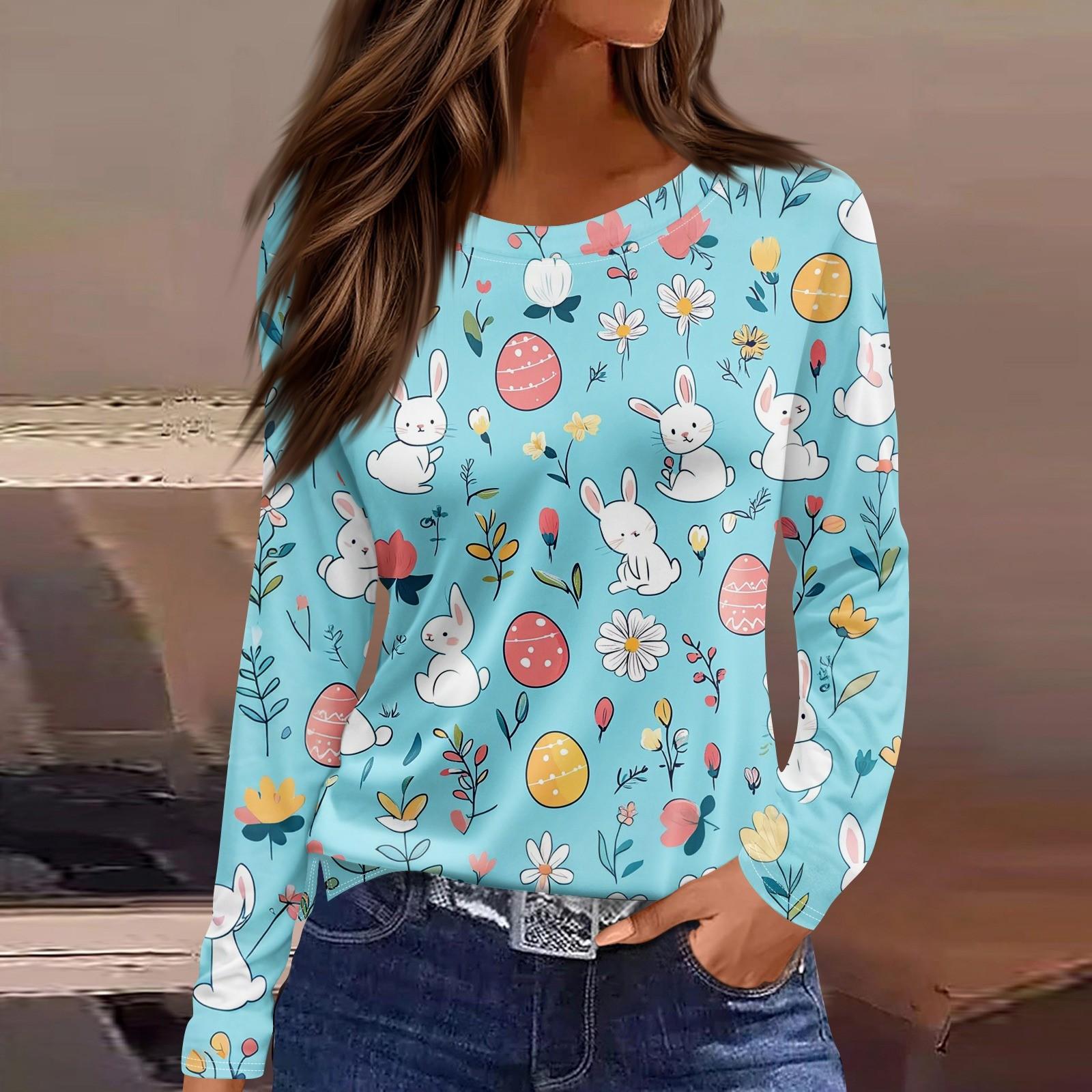 

Женская модная повседневная свободная футболка с принтом и круглым вырезом с разрезом и длинным рукавом, женский топ XL небесно-голубой