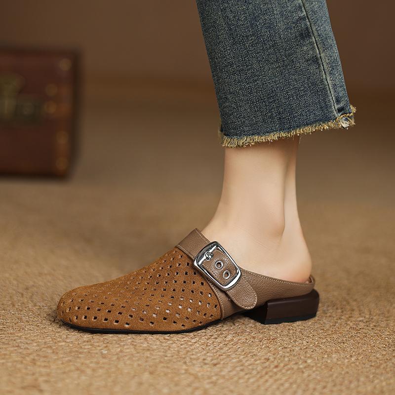Fashion 2025 New Fashion Cow Suede Mueller Slippers Woman Low Heel Soft Bottom Casual Shoes Breathable Mesh Shoes Woman Fashion Shoes