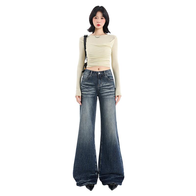 American Spice Girl Low Waist and Slightly Pulled Jeans Women's Autumn New Loose and Skinny Legs Flared Pants
