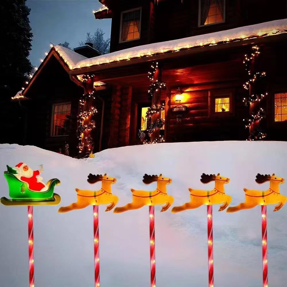 YZYOE LED Outdoor Solar Santa Sleigh Waterproof Solar Garden Christmas Reindeer Lamp with 8 Warm Light 5-Pack Ground-Mounted Lamp, Modes.