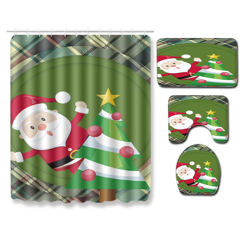 Christmas Shower Curtain Floor Mat Combination Four-Piece Set Bathroom Toilet Carpet Shower Room Mat Foot Mat