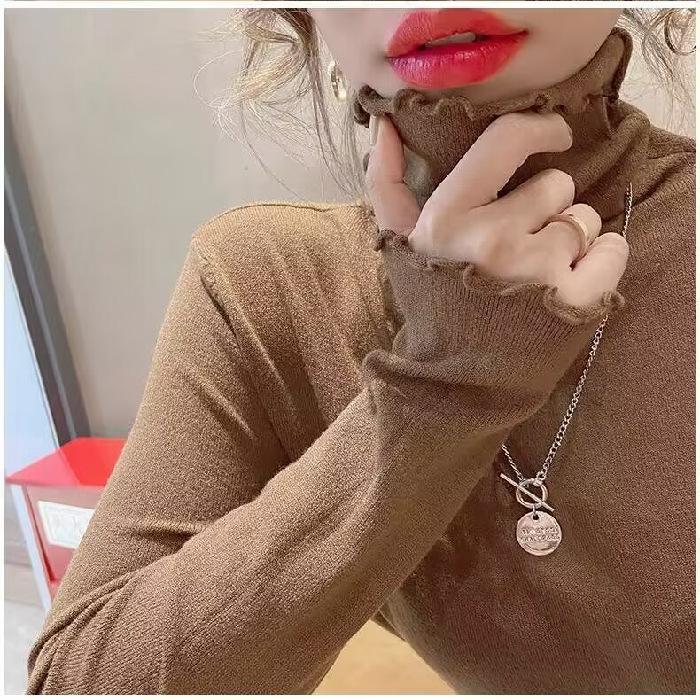 

Женский осенне-зимний вязаный свитер с оборками и высоким воротом - Утягивающий базовый топ для ношения под одеждой One Size кофейный