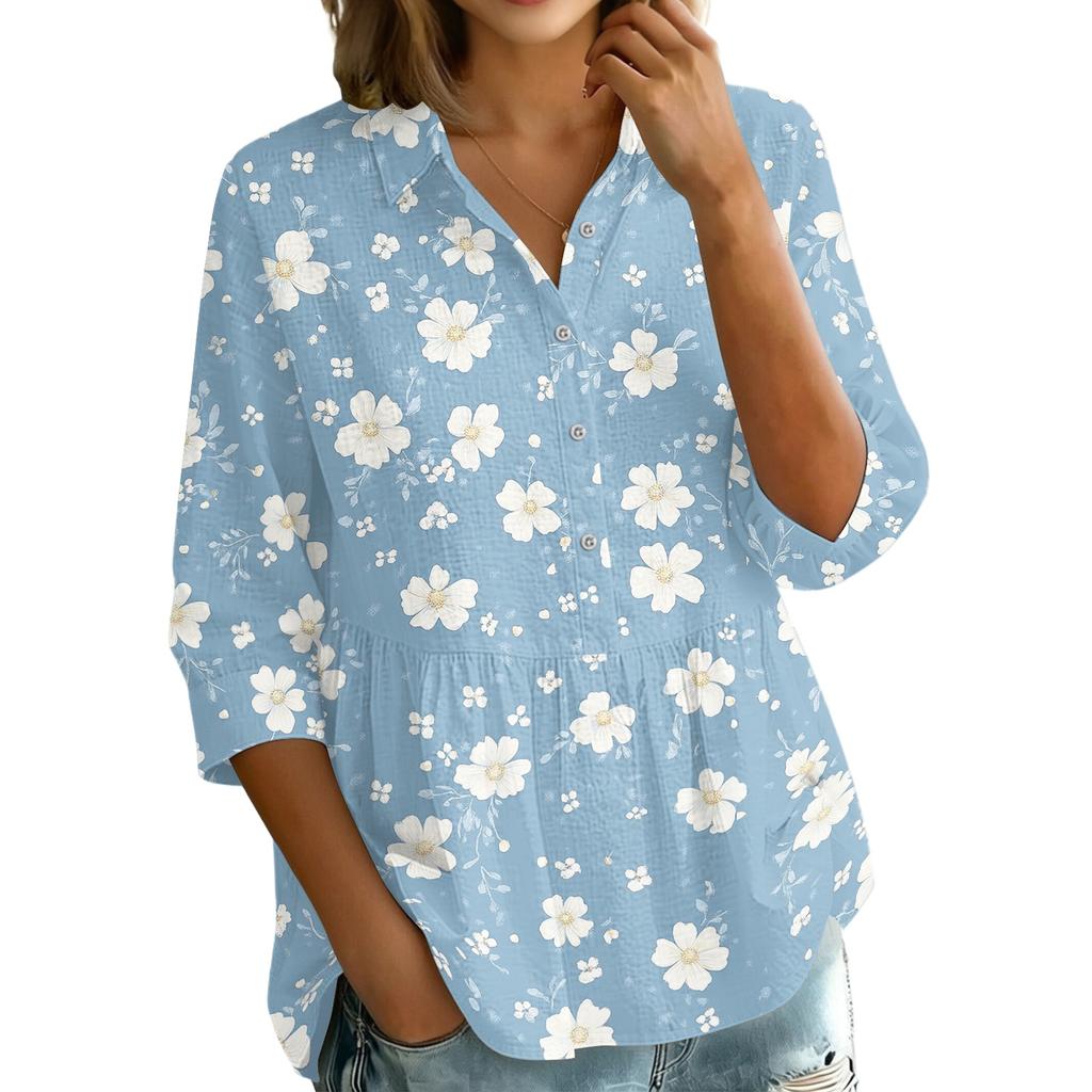 Women Button Front Collared Retro Floral Print Three Quarter Sleeve Loose Fit Shirt Blouse for Casual or Daily Wear