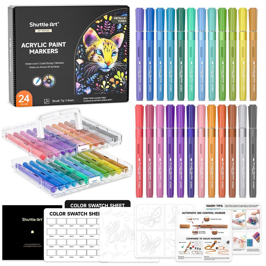 Shuttle Art Acrylic Metallic Color Pens with Brush Paint and Perfect for and Includes Storage Perfect for DIY and Art A Great Markers, 24-Color Set,
