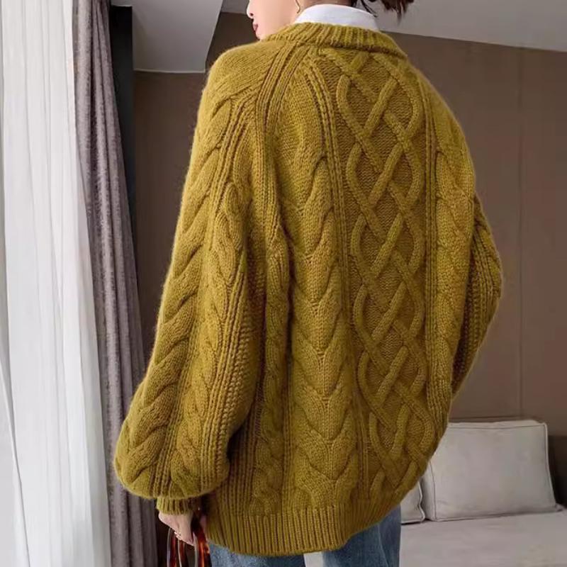 

GMXIA Осень-зима Толстый свитер женский свободный ленивый стиль О-образный вырез утолщенный перекрученный трикотажный свитер One size жёлтый