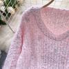 Autumn Winter Women Sweet V-neck Soft Furry Mohair Rhinestone Knitted Sweater Christmas Pullover Tops